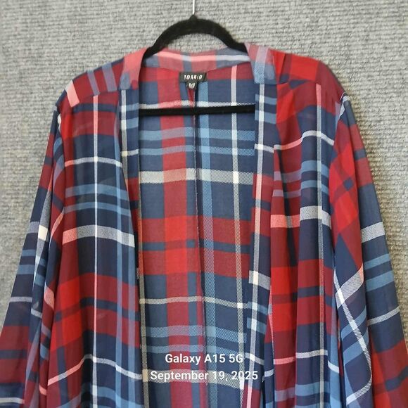 Torrid Kimono Duster Chiffon Maxi High Low Plus Size 5/6 Plaid Sheer Red - Picture 3 of 10